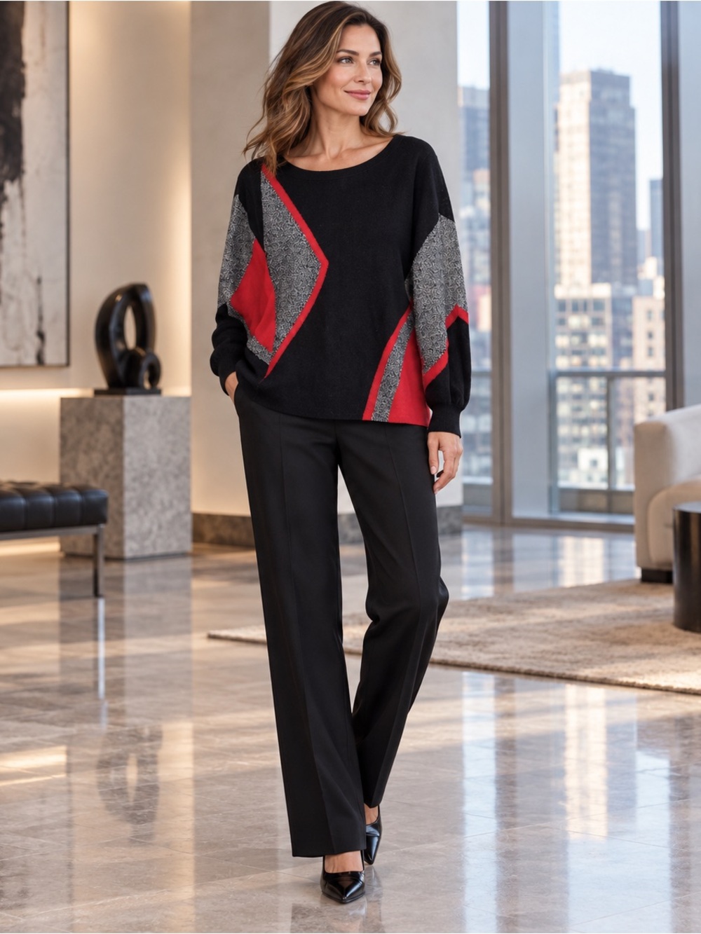 JONES NEW YORK COLLECTION BLACK RED SILVER METALLIC SWEATER KNIT TOP SZ XL